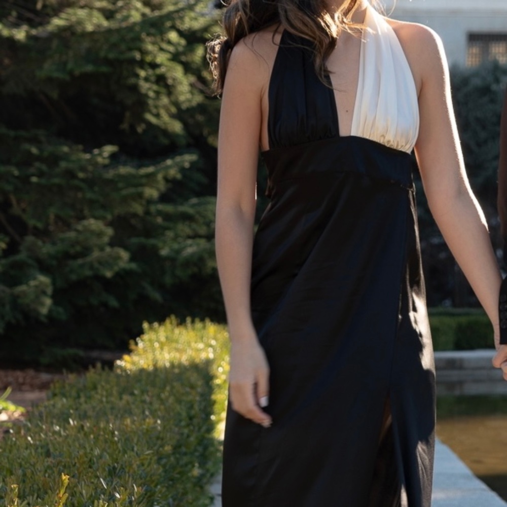 SILK MAISON Piano Halterneck Maxi Silk Dress - Black & White, XS